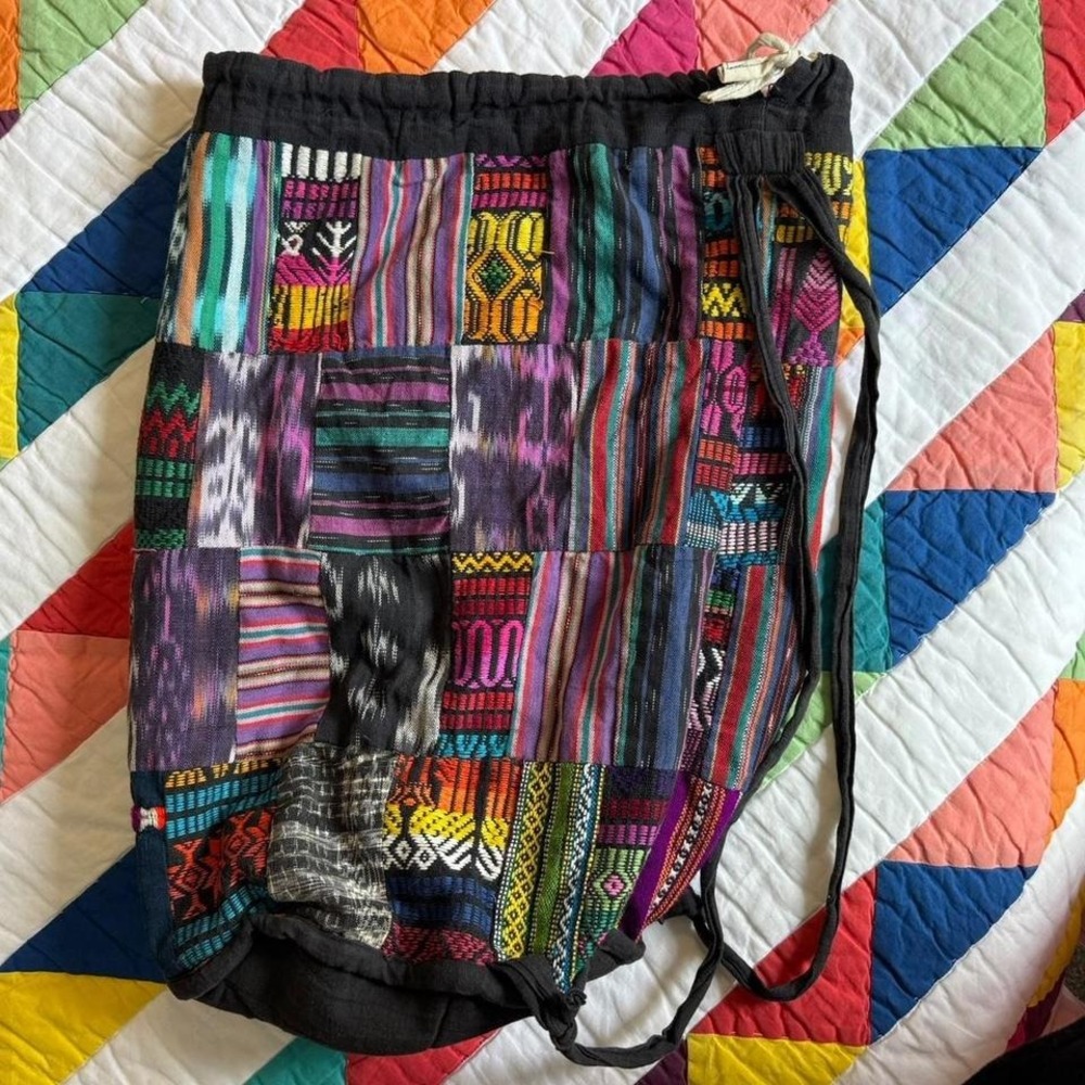 Multicolored Patchwork Drawstring Backpack Guatem… - image 1